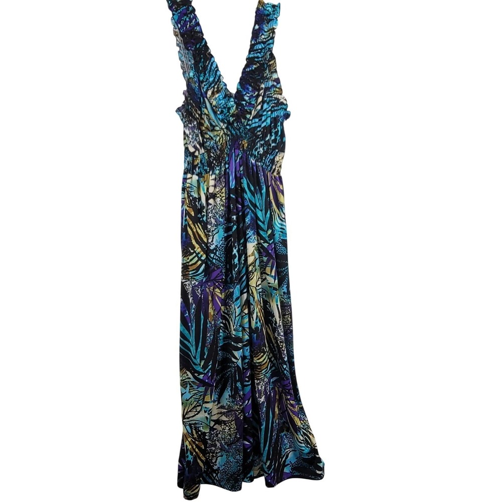 Womens Maxi Dress 1X Blue Purple Abstract Tropical Smocked V-Neck Boho Vacation - Picture 1 of 11
